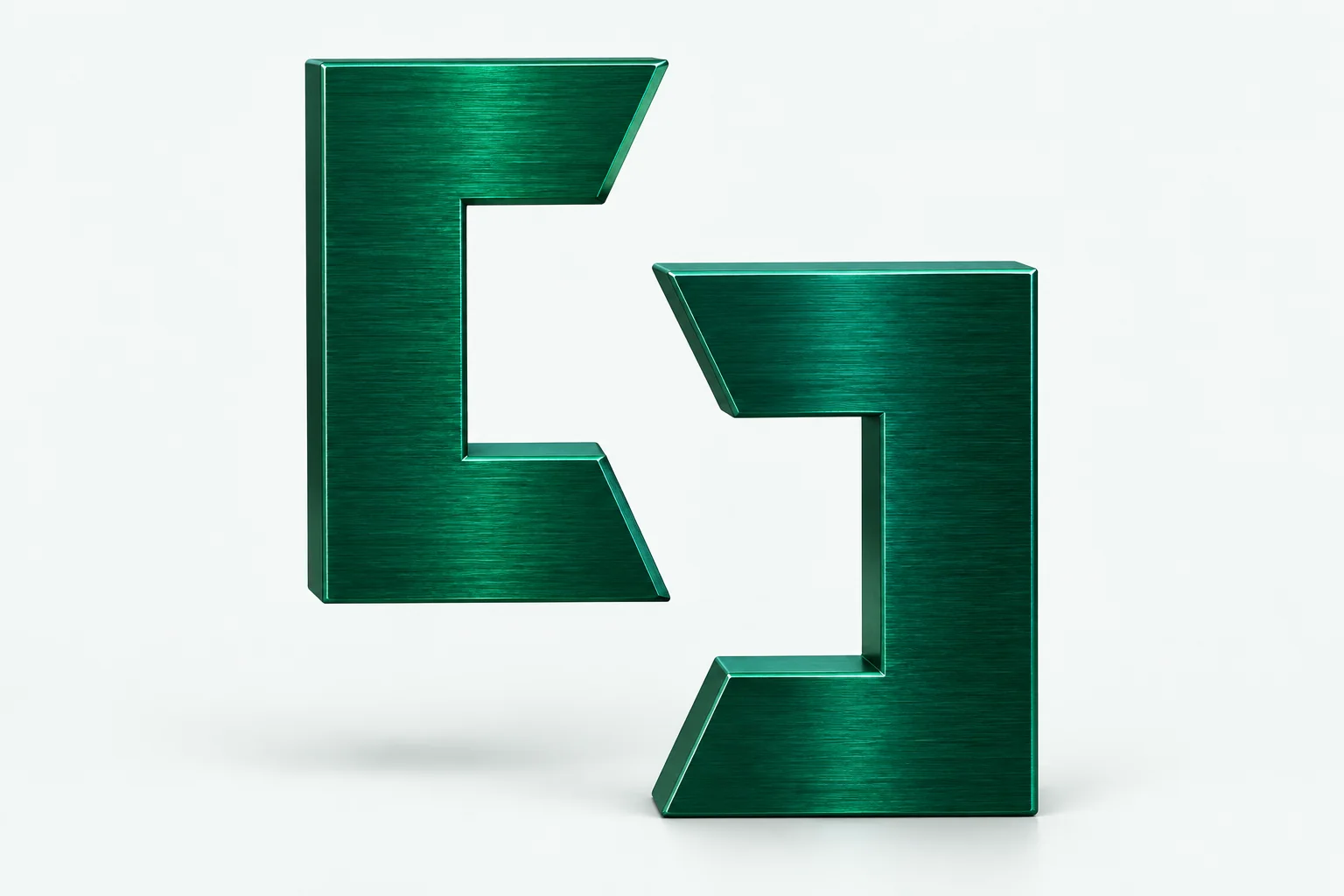 Two separate Accr8 Counterpart logo forms in deep jade metal on a cool white studio ground.